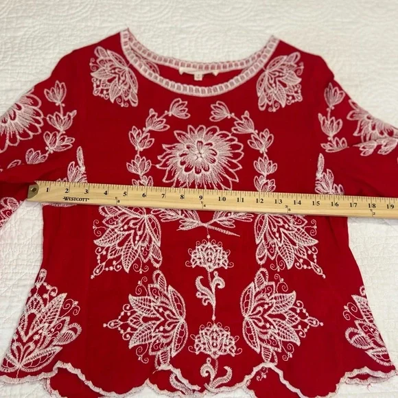 Anthropologie Solitaire -Red/White Embroidery 3/4 Length Sleeve. Bohemian. Small - Picture 4 of 8
